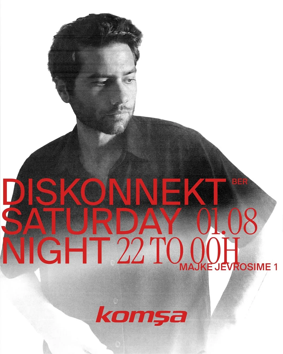 Diskonnekt DJ night poster at Komša, Saturday 1 August from 22:00